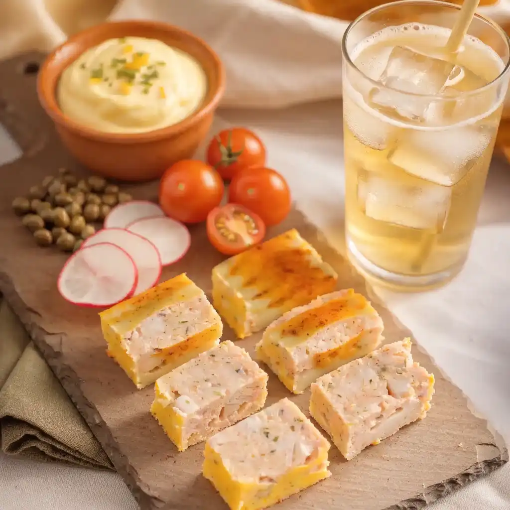 cake au surimi : Bouchées apéritives dressées sur ardoise avec mayonnaise citronnée, radis et tomates cerises
