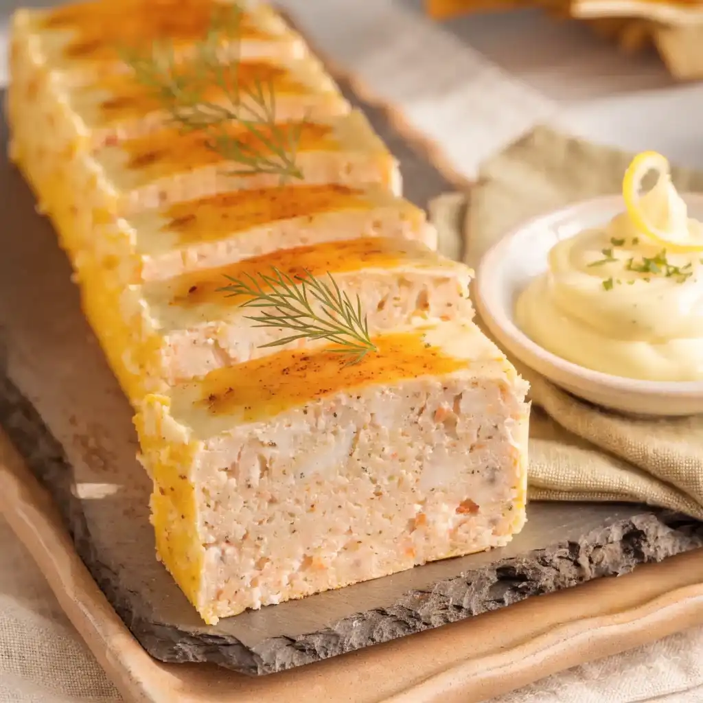 cake au surimi tranché sur une planche en ardoise, bouchées apéritives garnies d'aneth frais