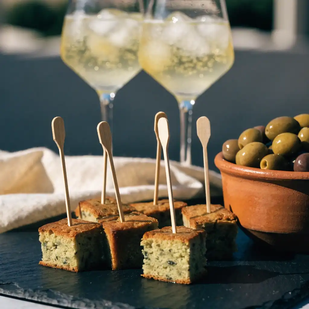 Cubes de cake aux courgettes piqués sur des pics, servis à l'apéritif