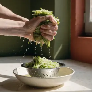 Courgettes râpées salées dans une passoire, en train de rendre leur eau