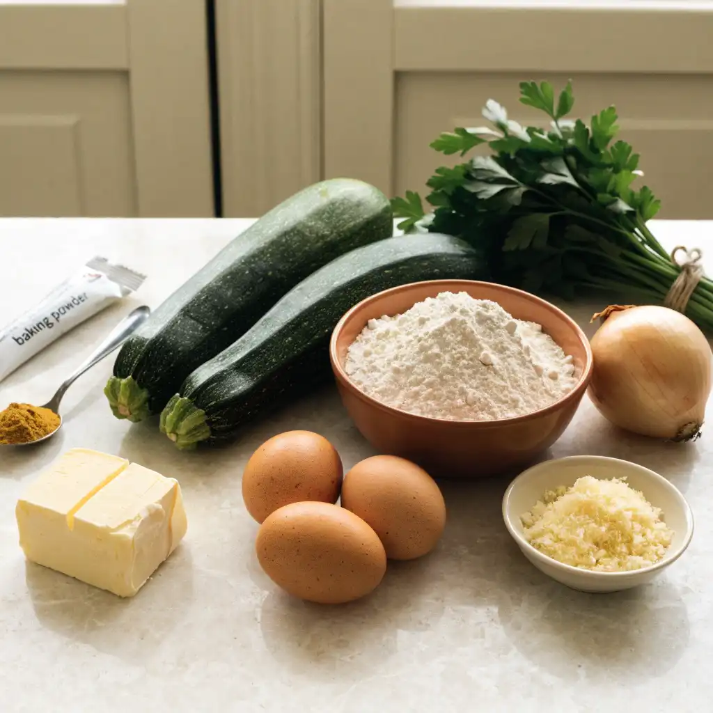 cake aux courgettes Ingrédients pesés : courgettes, farine, œufs, emmental râpé, curry et persil