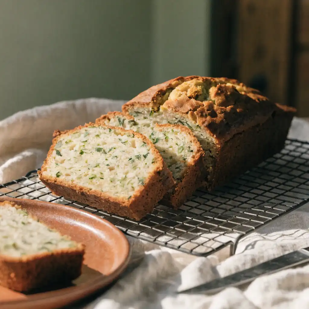 cake aux courgettes​ moelleux tranché sur une grille, mie verte et souple