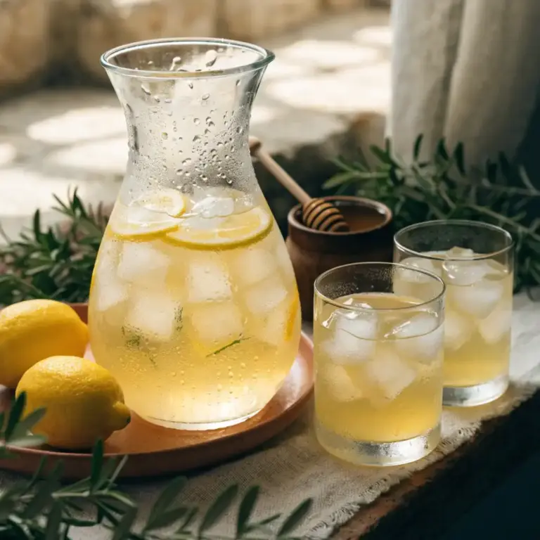 citronnade maison sans sucre​ au miel d'acacia servie dans un pichet en verre avec glaçons et rondelles de citron