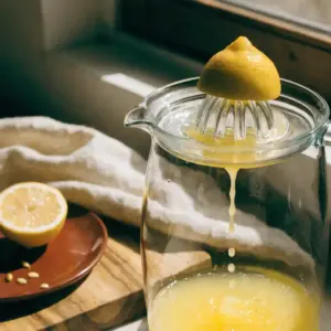 Citrons coupés en deux et pressés au-dessus d'un grand pichet en verre