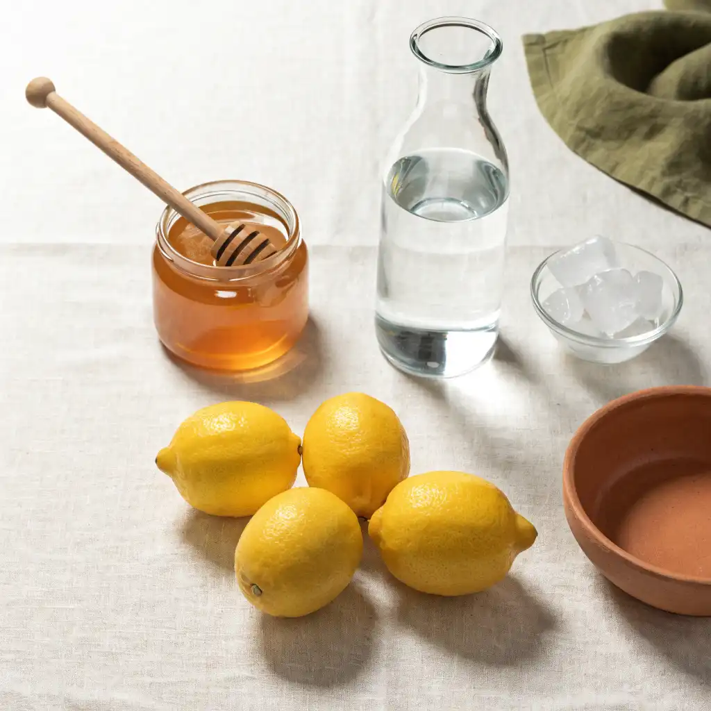 citronnade maison sans sucre - Citrons jaunes, pot de miel d'acacia et carafe d'eau fraîche disposés sur un plan de travail