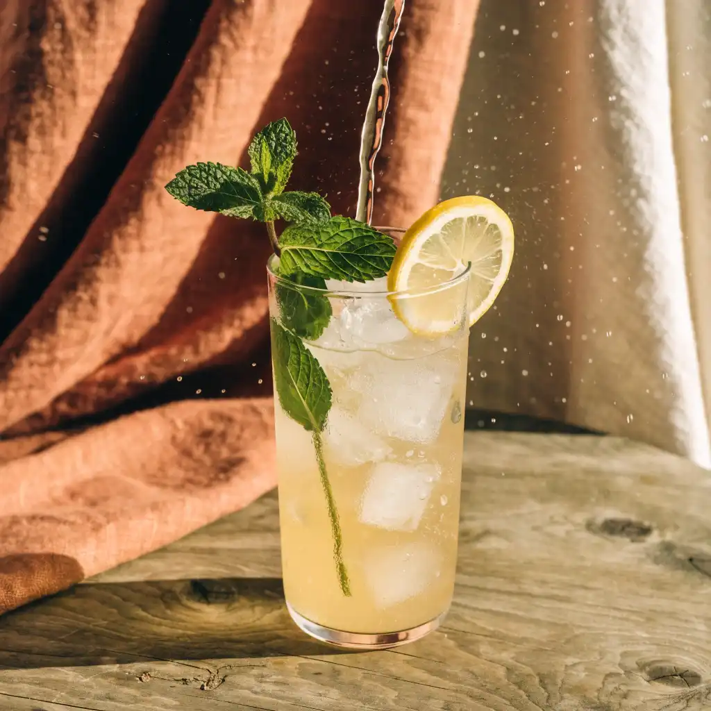 citronnade maison sans sucre - Verre de citronnade au miel d'acacia avec glaçons et menthe fraîche sur une table en bois