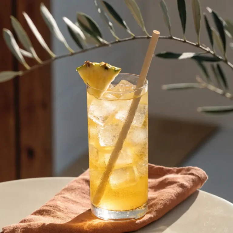 Cocktail ananas sans alcool servi dans un verre haut avec glaçons et rondelle d'ananas