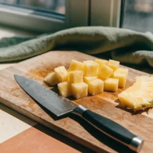 Étape 1 du cocktail ananas : ananas épluché et coupé en cubes sur une planche à découper