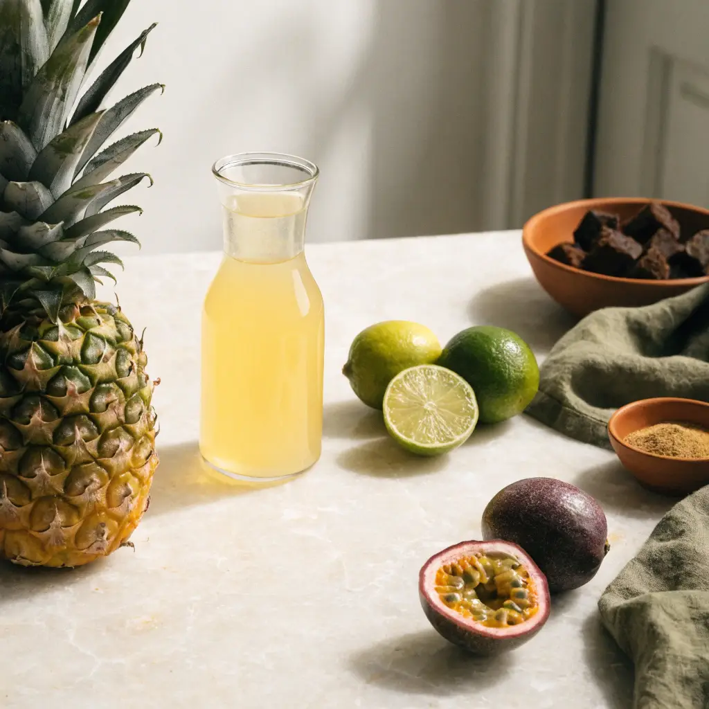 Ingrédients du cocktail ananas : ananas mûr, jus de pomme, citrons verts et fruits de la passion