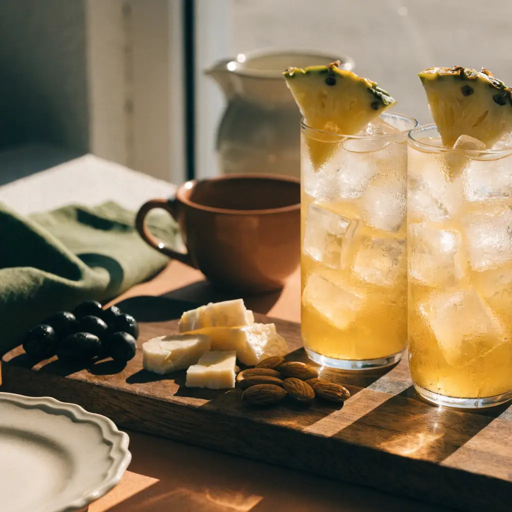 Cocktail ananas servi à l'apéritif à côté d'une planche de fromages et d'olives