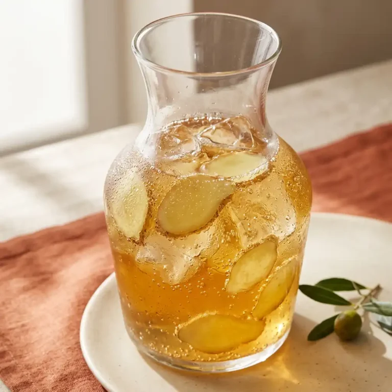 gingembre boisson pétillante servie dans une carafe en verre avec lamelles de gingembre frais et glaçons