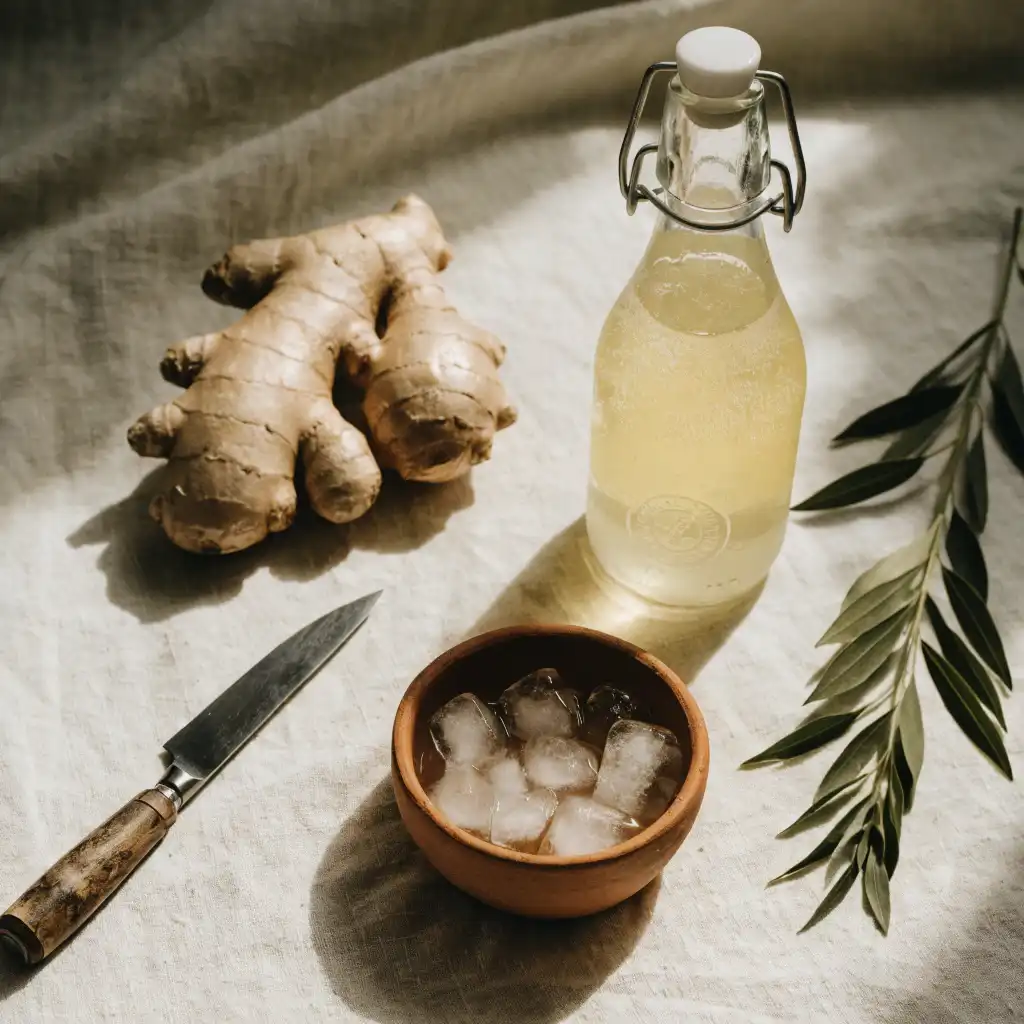 Ingrédients de la gingembre boisson : rhizome de gingembre frais, bouteille de limonade et glaçons