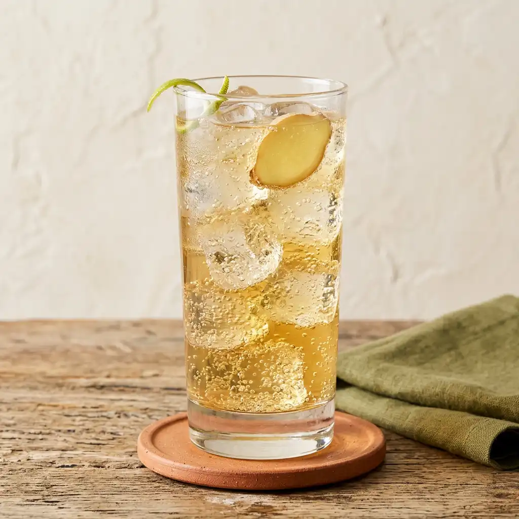 gingembre boisson servie dans un verre haut rempli de glaçons avec un zeste de citron vert
