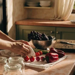 Étape 1 de la grande planche apéro : légumes et fruits lavés et séchés sur le plan de travail