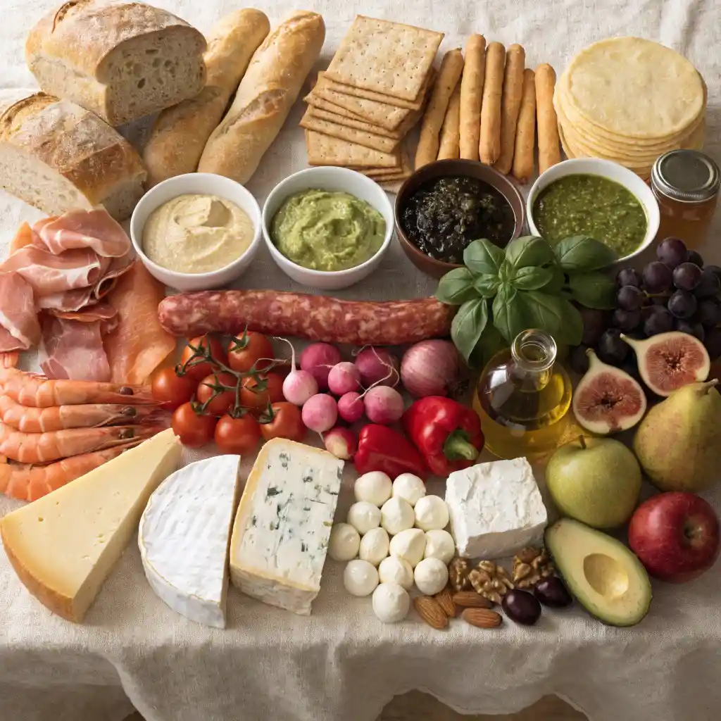 Ingrédients d'une grande planche apéro disposés à plat : pains, fromages, charcuteries, légumes et fruits
