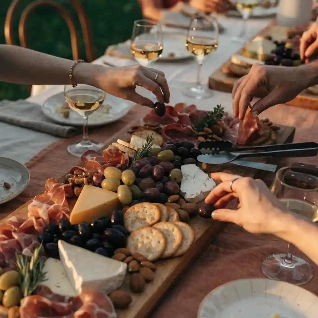 grande planche apero entourée d'assiettes et de mains d'invités qui se servent pendant l'apéritif