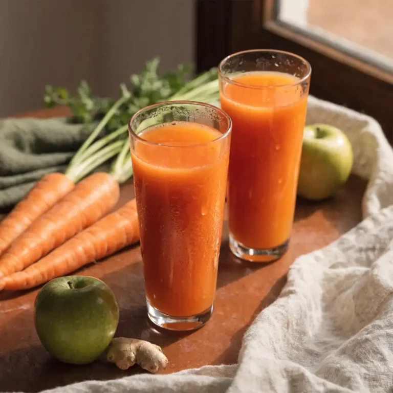 jus detox carottes-pommes servi dans deux verres étroits sur une table en bois