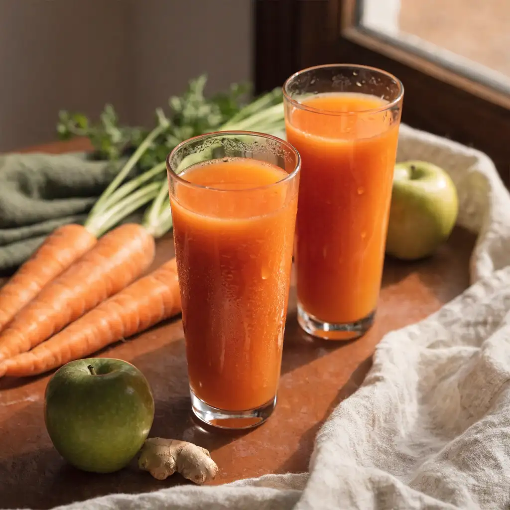 jus detox carottes-pommes servi dans deux verres étroits sur une table en bois