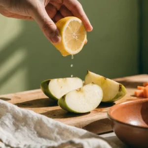 Quartiers de pommes arrosés de jus de citron avant extraction du jus détox