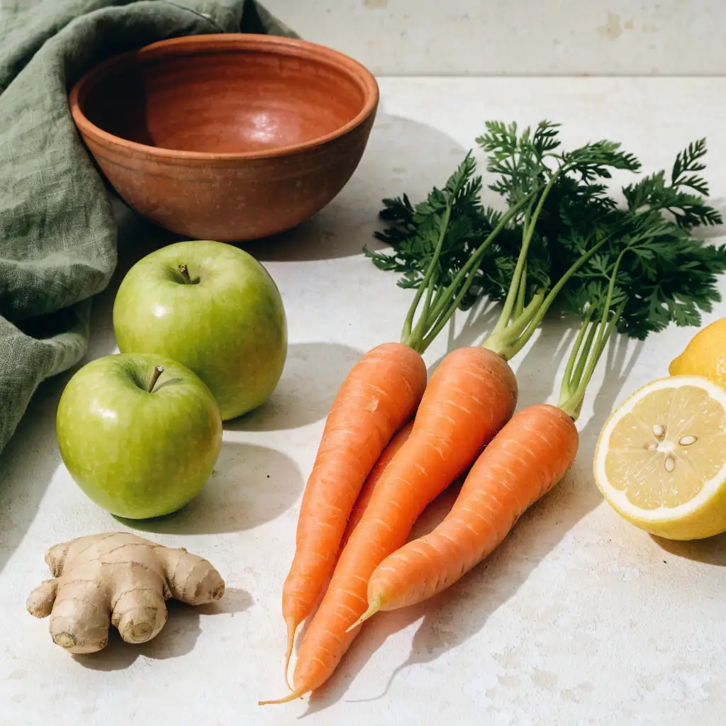 Ingrédients du jus détox : carottes, pommes, gingembre frais et citron