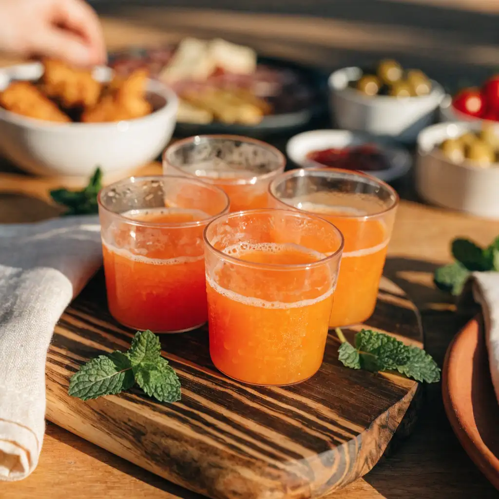 jus detox servi en petits verres à l'apéritif avec une planche de légumes