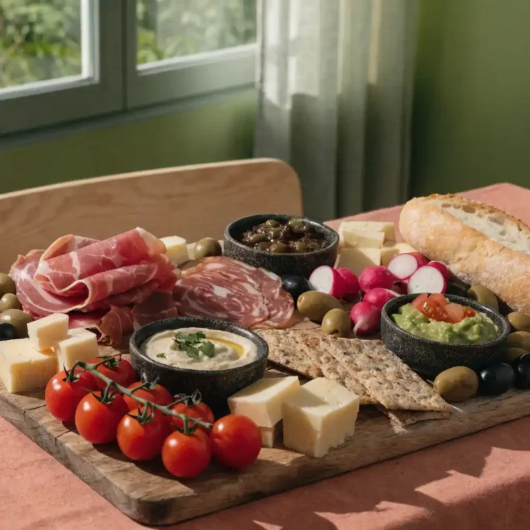 planche apero dinatoire complète garnie de charcuterie, fromages, olives et tartinades sur une planche en bois
