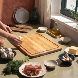 Étape 1 de la planche apéro dînatoire : plan de travail avec la planche vide, le couteau et les ingrédients rassemblés