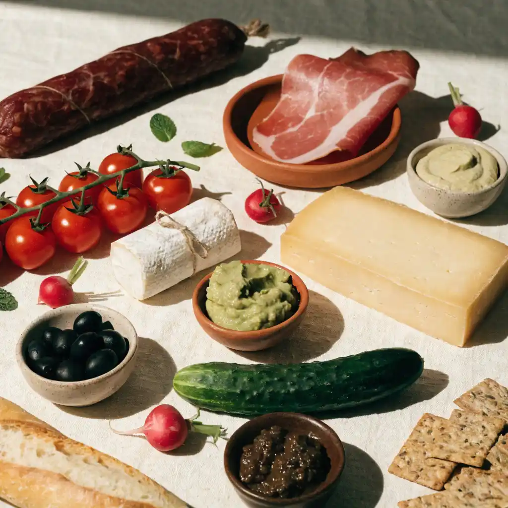 Ingrédients d'une planche apéro dînatoire disposés à plat : charcuterie, fromages, légumes, olives et tartinades