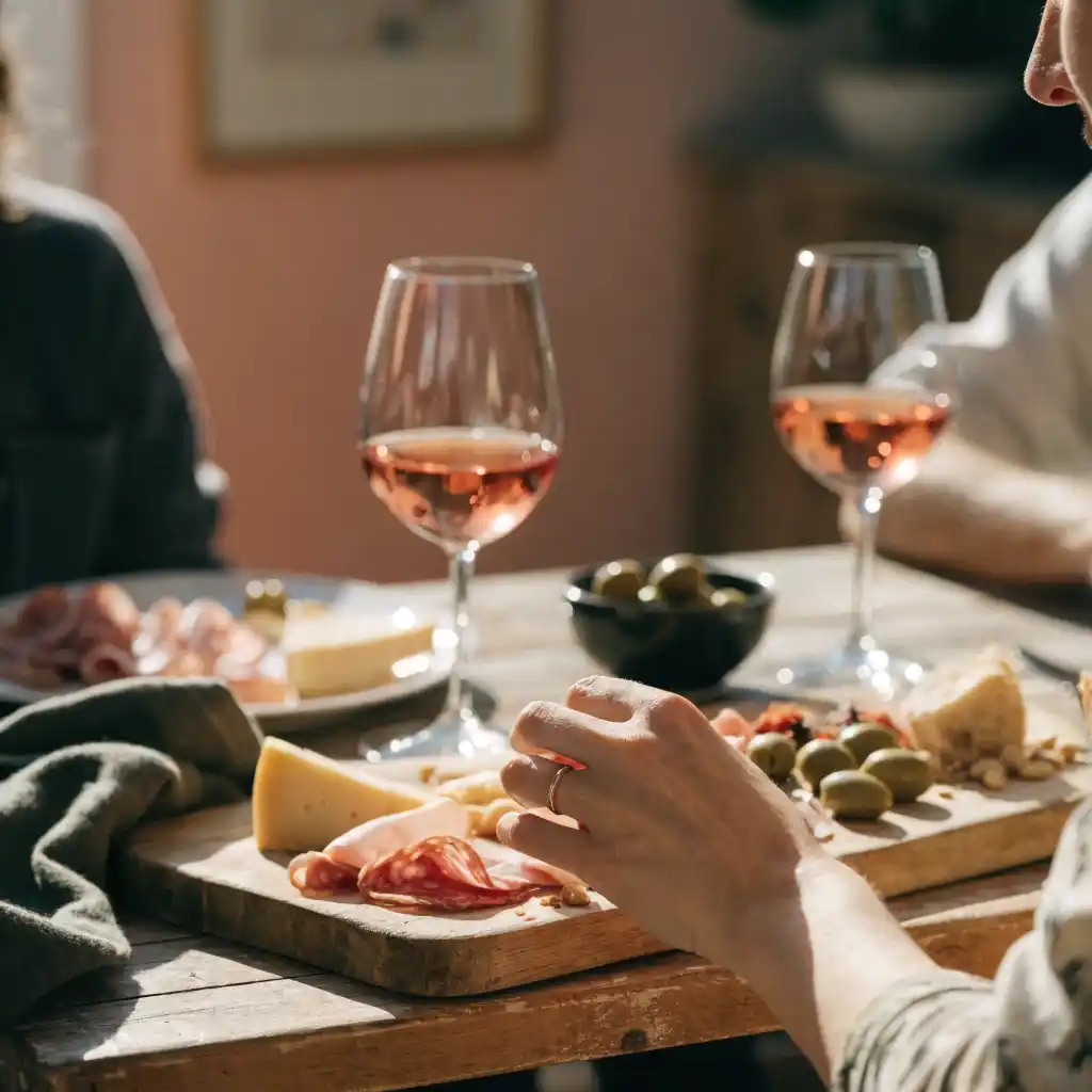 Planche apéro dînatoire servie à table, mains d'invités piochant charcuterie et olives dans une ambiance conviviale
