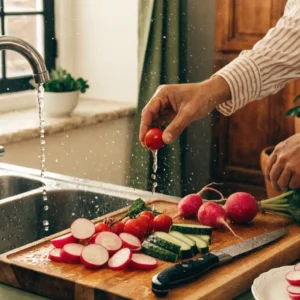 Étape 1 d'une planche apéro pour 10 personnes : crudités lavées et taillées sur planche