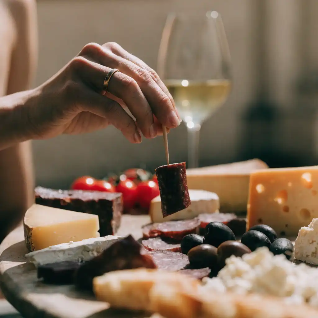 planche apéro pour 10 personnes, une main piochant une tranche de saucisson