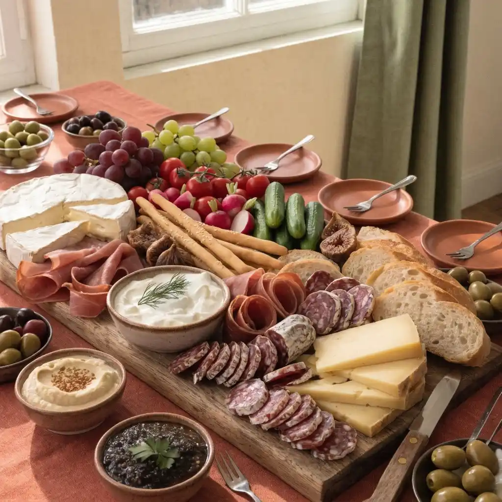 planche apéro pour 10 personnes garnie de fromages, charcuterie, tartinades et crudités