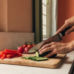 Découpe du concombre et du poivron pour une planche apéro sans gluten, étape 1