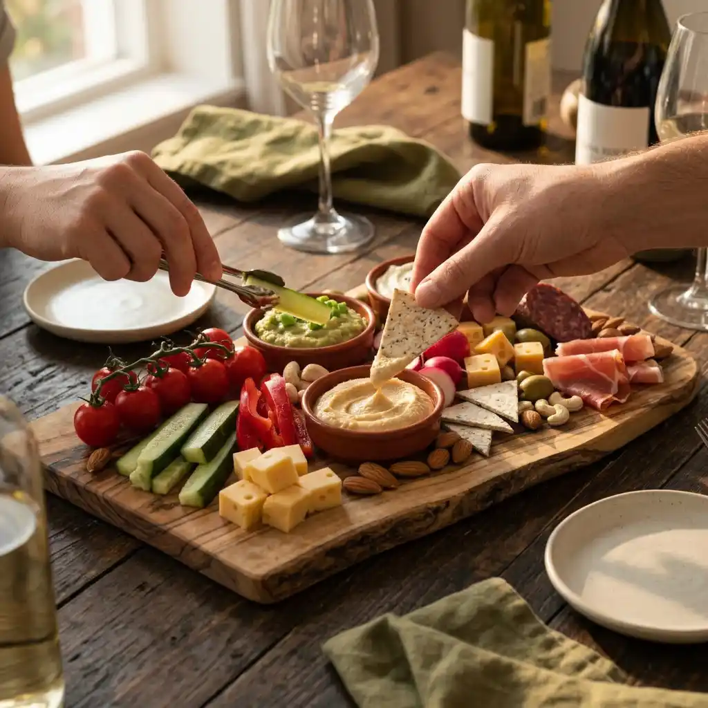 planche apéro sans gluten posée sur une table, invités se servant à l'apéritif