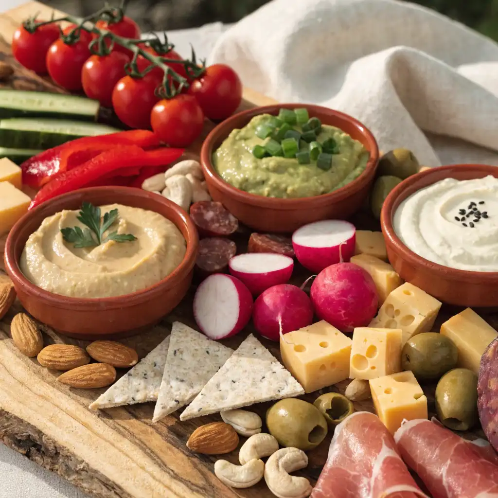 planche apéro sans gluten garnie de légumes, trempettes, charcuteries et fruits secs