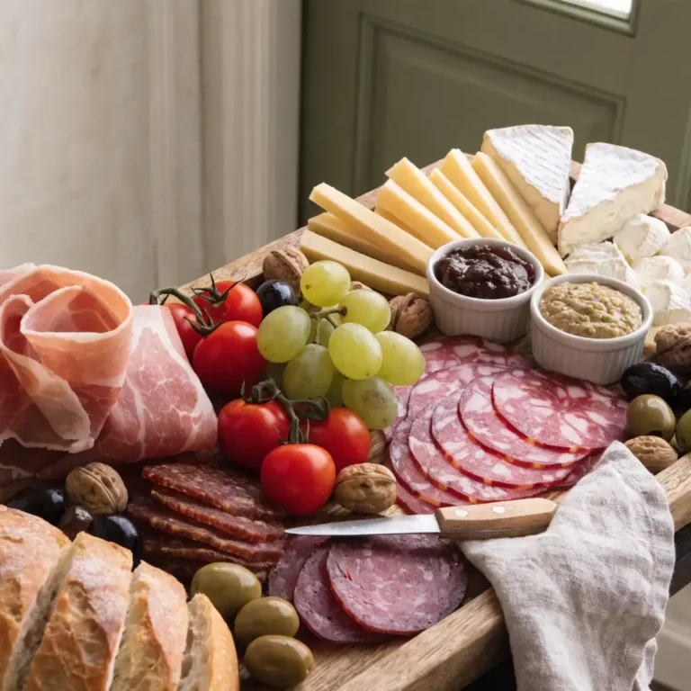 planche de charcuteries et fromages généreuse avec jambon cru, comté, camembert et raisin