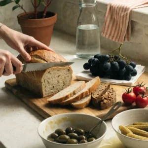 Étape 1 d'une planche de charcuteries et fromages : découpe du pain et des accompagnements