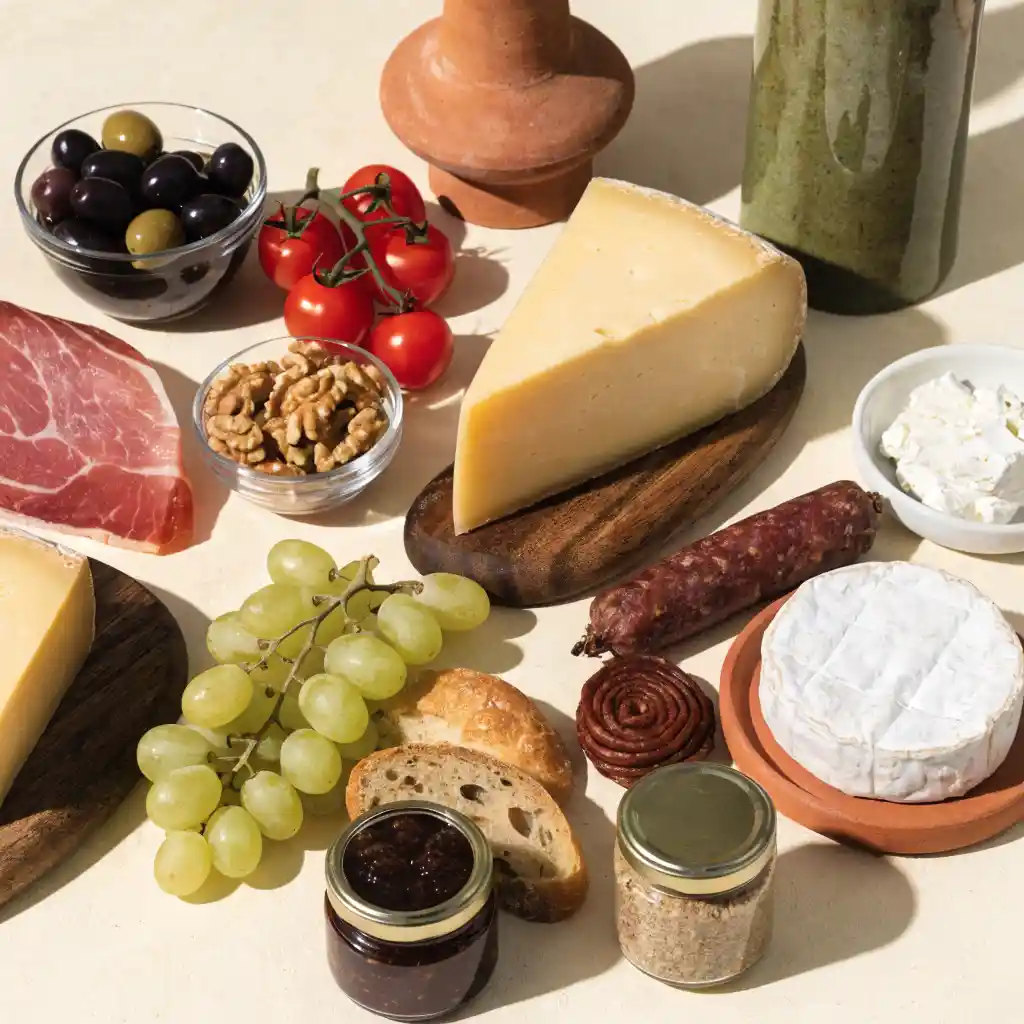 Ingrédients d'une planche de charcuteries et fromages disposés à plat : charcuterie, fromages, pain, fruits
