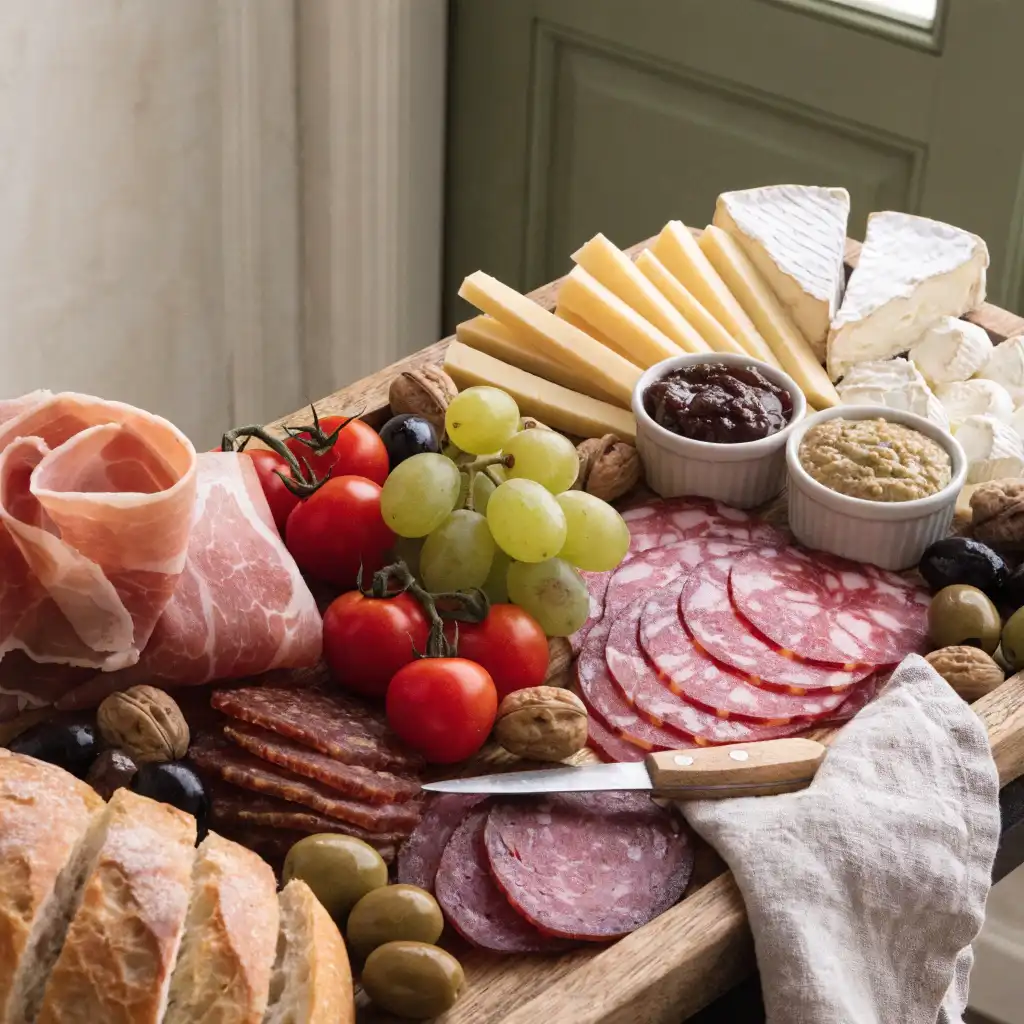 planche de charcuteries et fromages généreuse avec jambon cru, comté, camembert et raisin