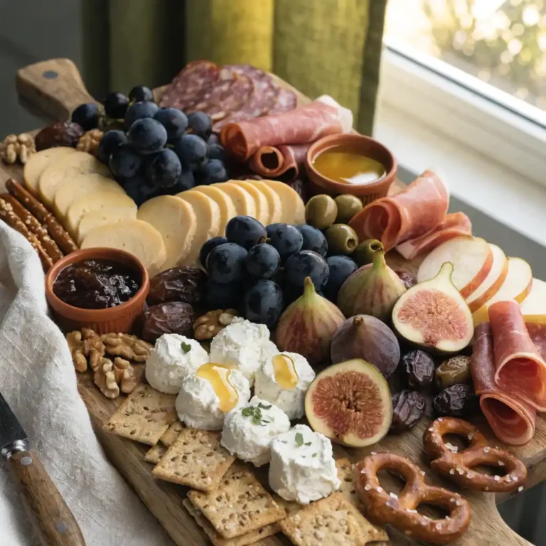 Plateau apéritif original sucré-salé avec fromages, charcuterie et fruits frais