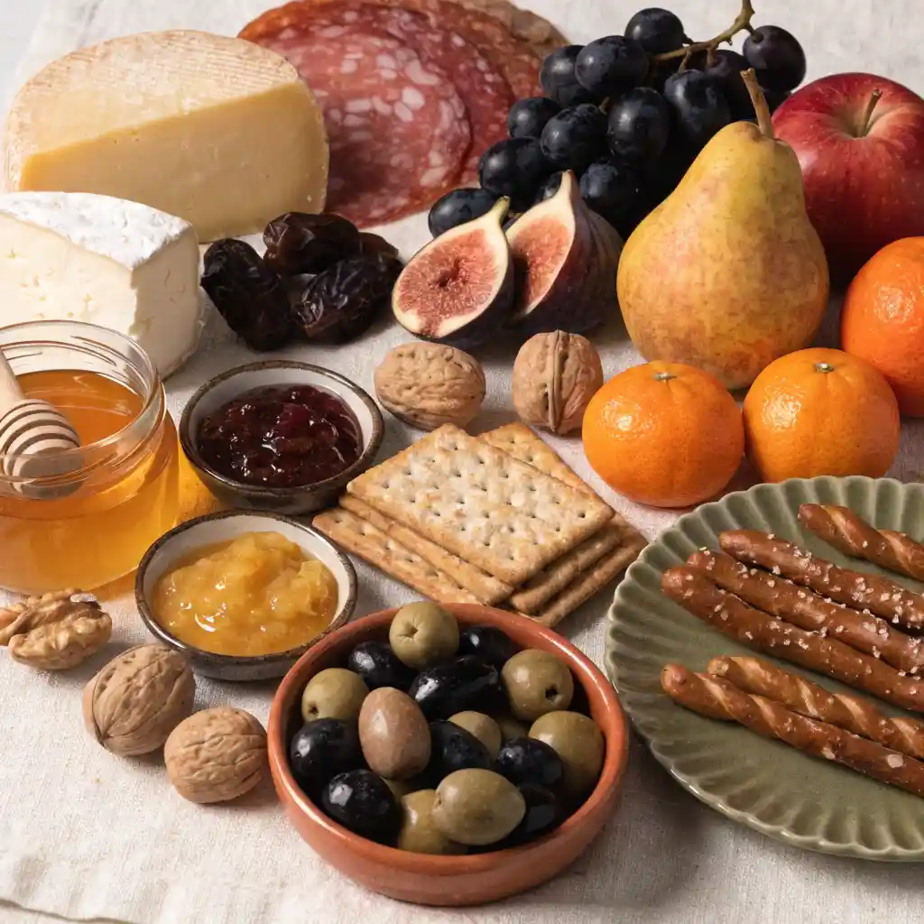 Ingrédients d'un plateau apéritif original disposés à plat