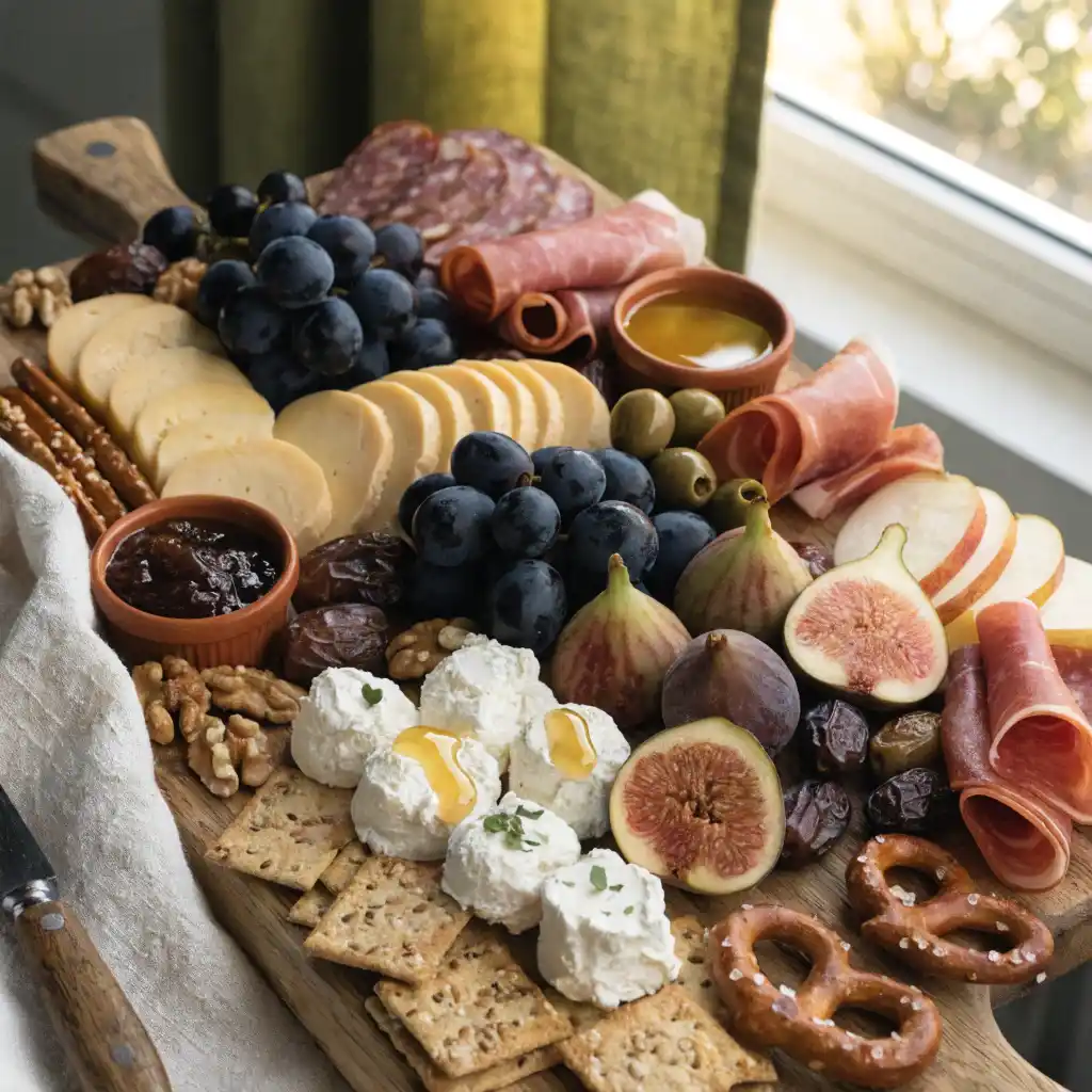 Plateau apéritif original sucré-salé avec fromages, charcuterie et fruits frais