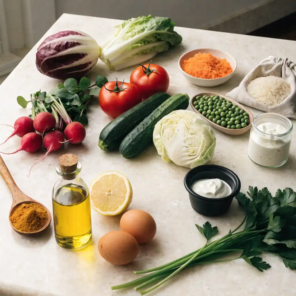 Ingrédients du plateau de crudités : légumes frais, riz, fromage blanc et épices