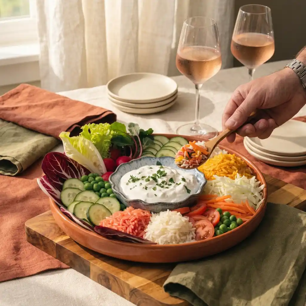 Plateau de crudités servi à table avec petites assiettes pour l'apéritif