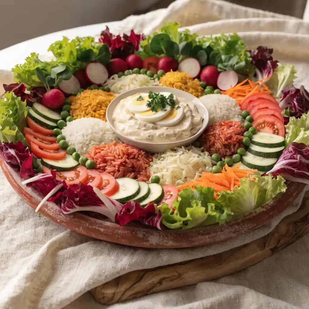 plateau de crudités​ garni de légumes croquants, riz tricolore et sauce au fromage blanc