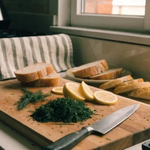 Étape 1 du plateau de fruits de mer : herbes ciselées, citrons et pain tranché
