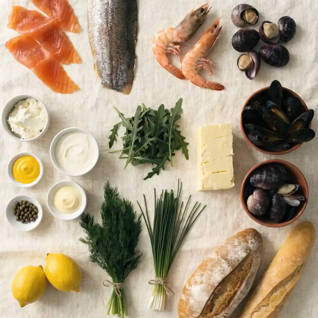 Ingrédients du plateau de fruits de mer : saumon fumé, truite, crevettes, bigorneaux et herbes