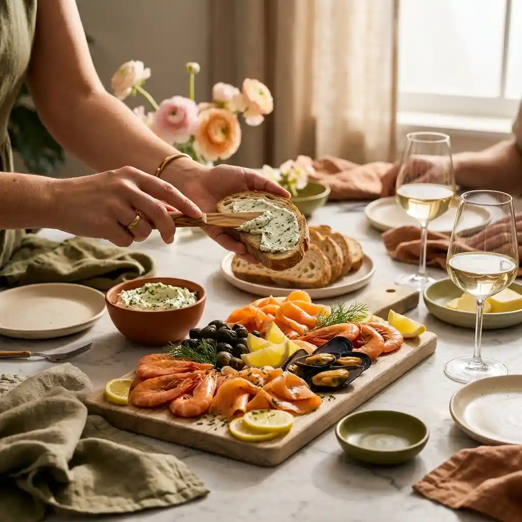 plateau de fruits de mer servi à l'apéritif avec pain de campagne et crème aux herbes