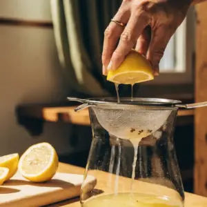 Citrons coupés en deux pressés au-dessus d'une passoire fine