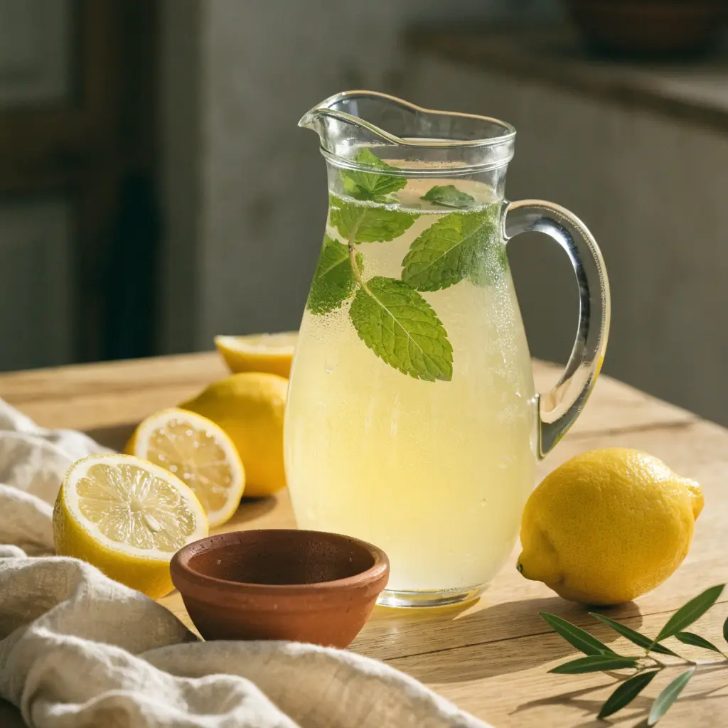 pulco citronnade maison servie en carafe avec citrons et menthe fraîche